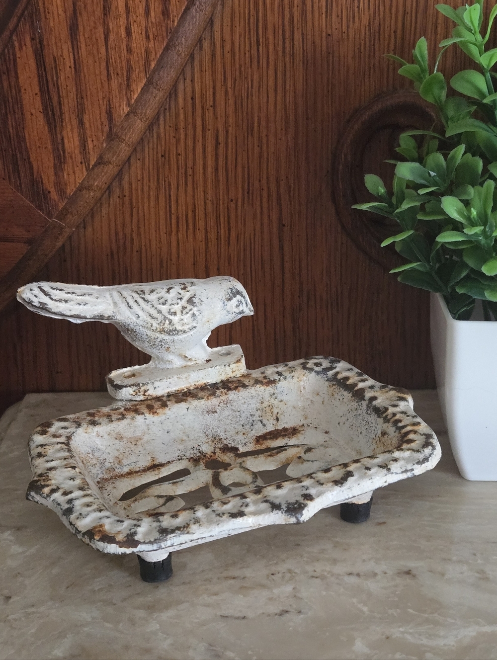 VTG French Revival Cast Iron Open Metalwork White Bird Footed Soap Dish Rustic